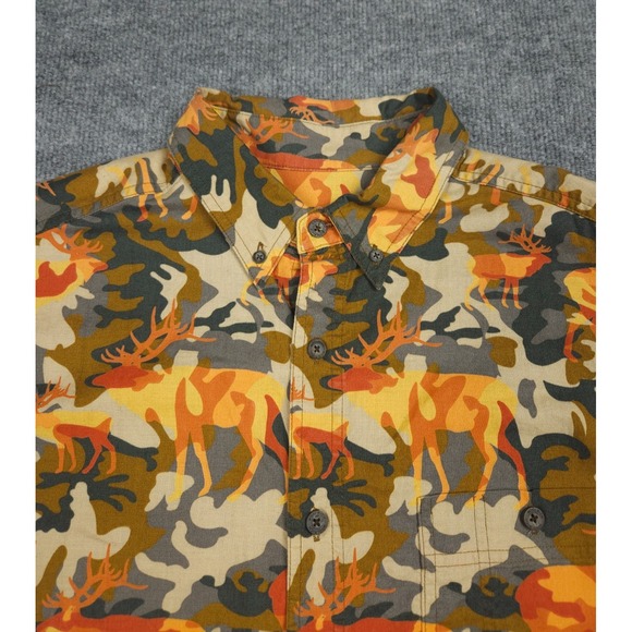 Vintage Woolrich Camouflage Elk Shirt Men's Large Nutgmeg Orange AOP Graphic